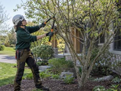 Arborist cutting back overgrown limbs during a tree trimming job near the Rouge valley