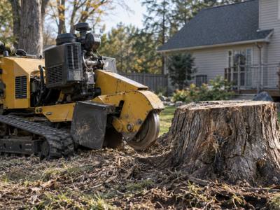 Grinding machine chewing through a wide stump in a Scarborough backyard