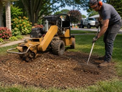 Wood chips spraying from a stump grinder working at ground level in Malvern