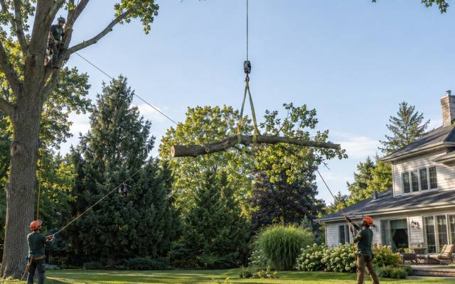 Dead branch being lowered to a front yard during dead branch removal in Malvern