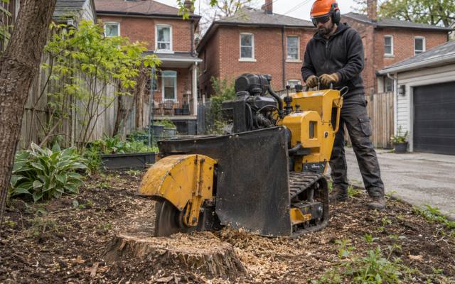 Stump grinder cutting an old stump down below the lawn in a Malvern yard