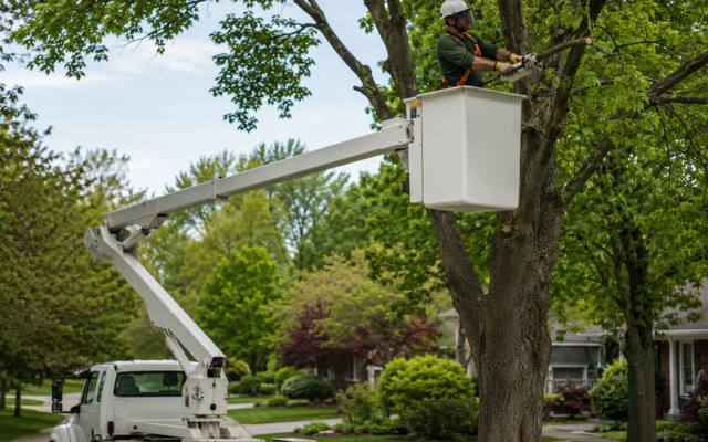 Bucket truck lifting an arborist into a tall tree canopy for tree trimming in Malvern